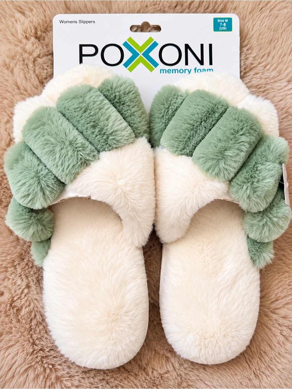 Poxxoni Women's Cream & Sage Plush Memory Foam Slippers